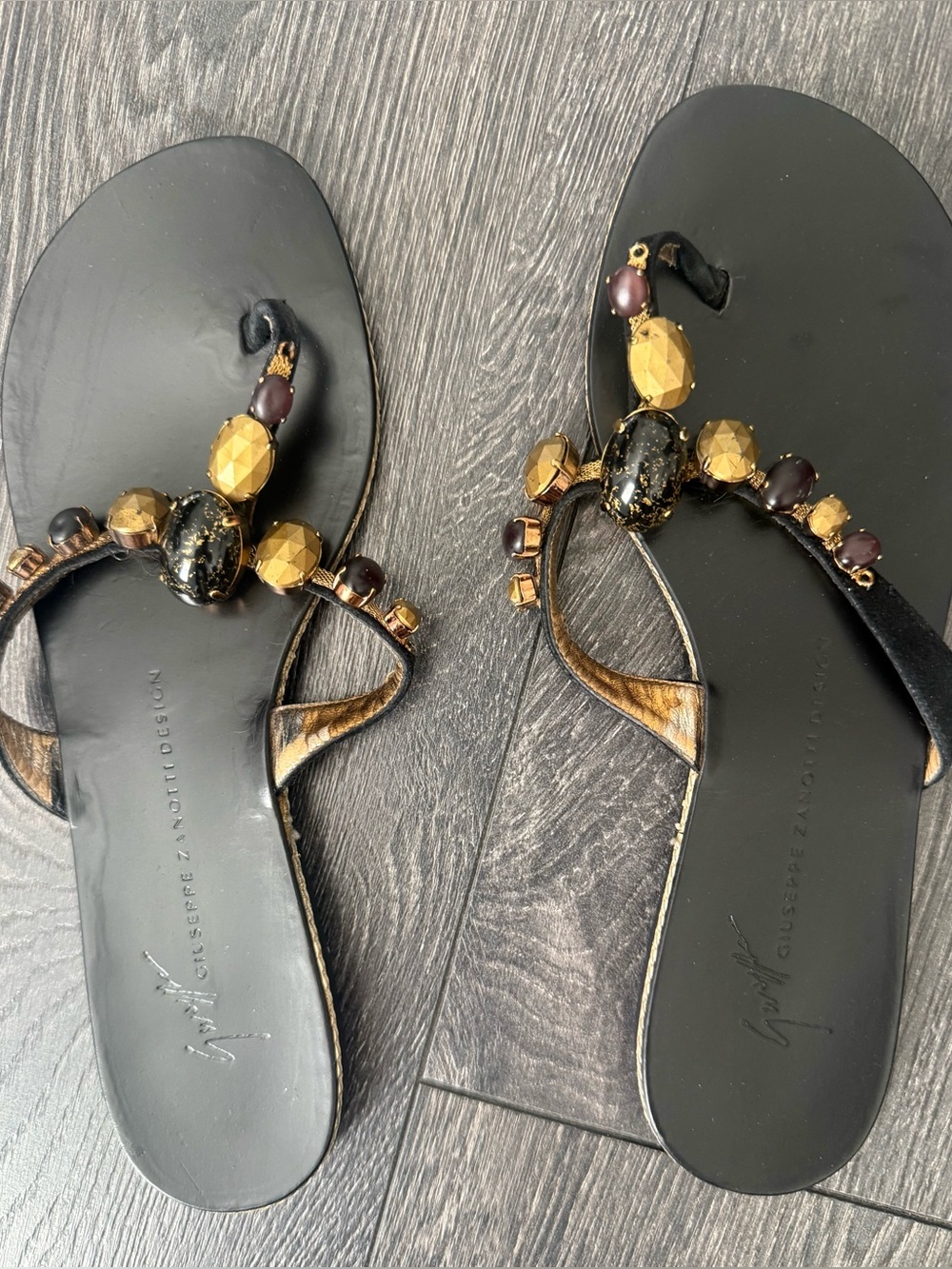 Giuseppe Zanotti Black and Gold Beaded Leather Thong Sandals